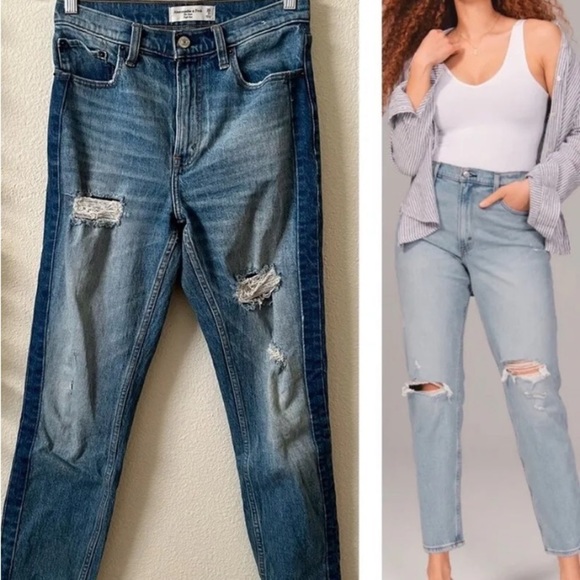 Abercrombie & Fitch Denim - Abercrombie & Fitch The Mom Fit Jeans High Rise Two Tone Distressed 31 / 12 R